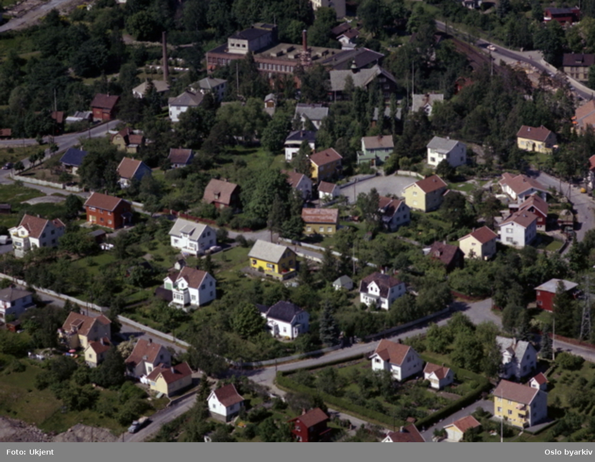 Høyenhall plass. Hjemliveien, Bekkeveien og Høyenhallsvingen. Lambertseterbanen (t-bane). (Flyfoto)