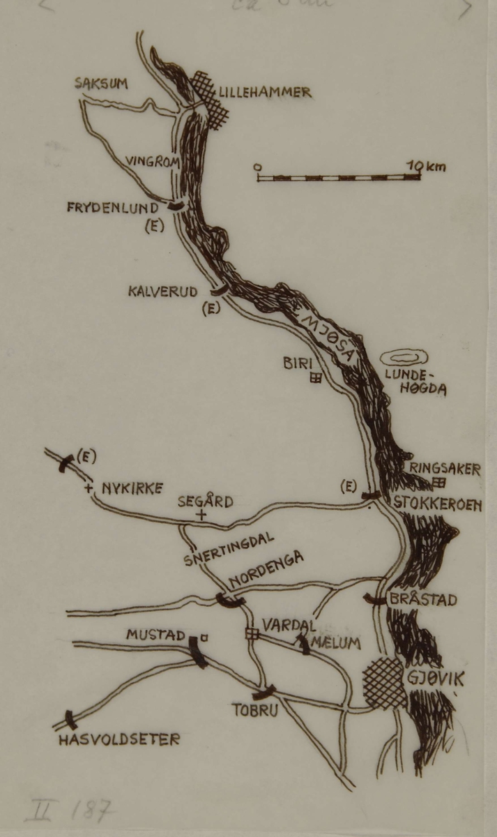 Kart over området Lillehammer - Lundehøgda - Gjøvik.