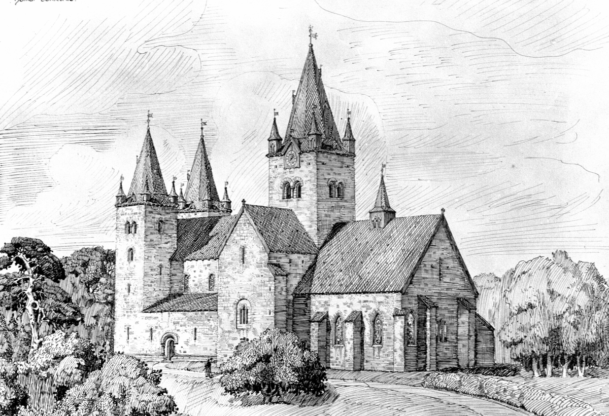 Hamar domkirke, en radering av arkitekt Olaf Nordhagen, en rekonstruksjon av middelalderkirken på Domkirkeodden, en gotisk versjon, 
