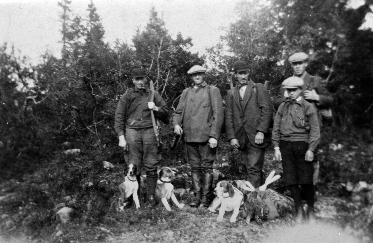 Jaktlag med hunder, harejakt, fra venstre er Per O. Haugli, Ole O. Houmb, Alfred Thoresen, bak er Aksel Johansen. Gutten er ukjent.