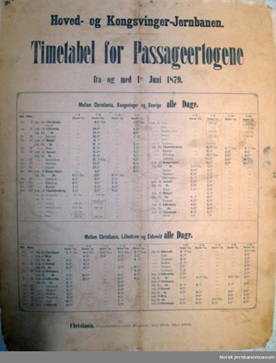 Rutetabell for persontogene på Hoved- og Kongsvingerbanen - 1.6.1879