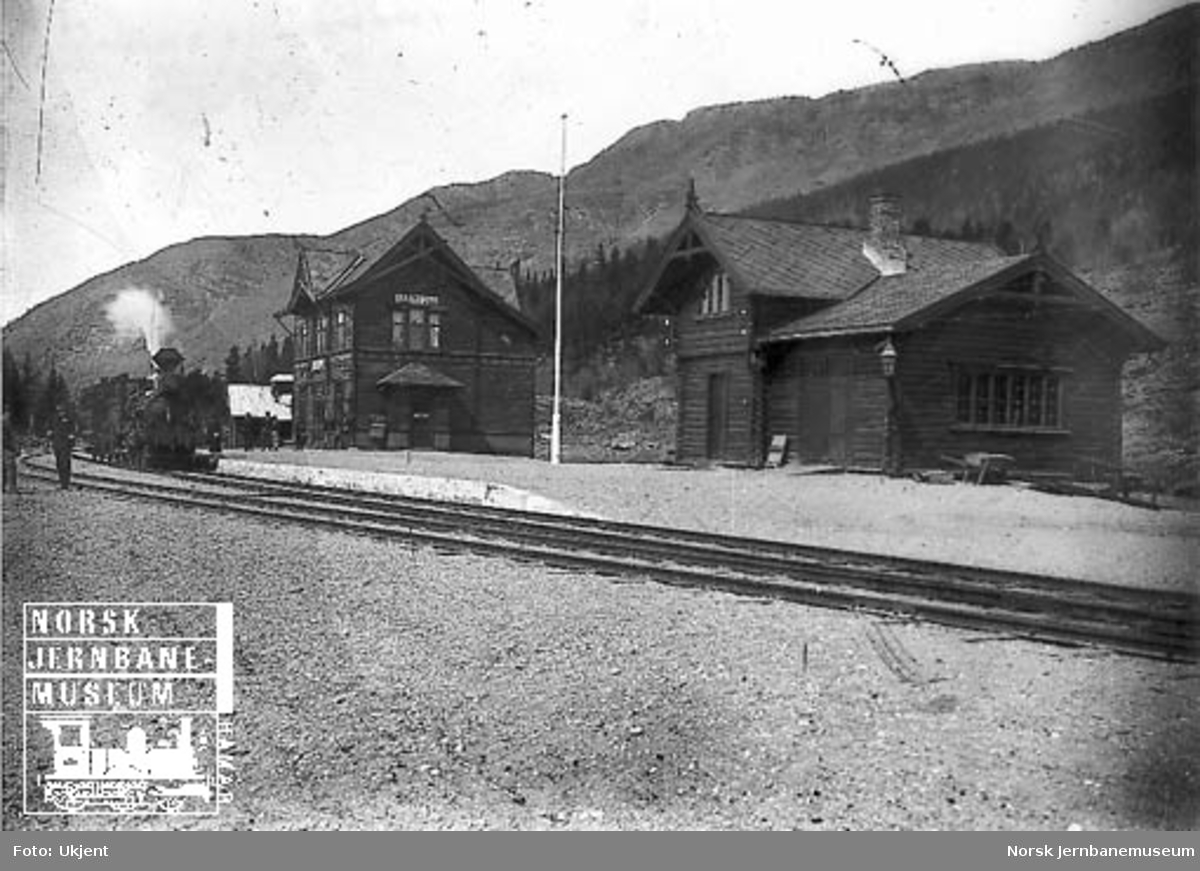 Harpefoss stasjon med befaringstog trukket av damplokomotiv type 9a nr. 31