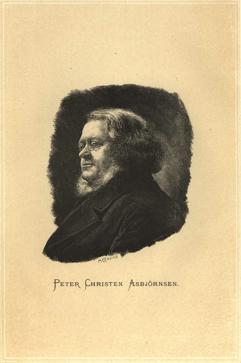 Portrett, brystbilde av P.C. Asbjørnsen med briller