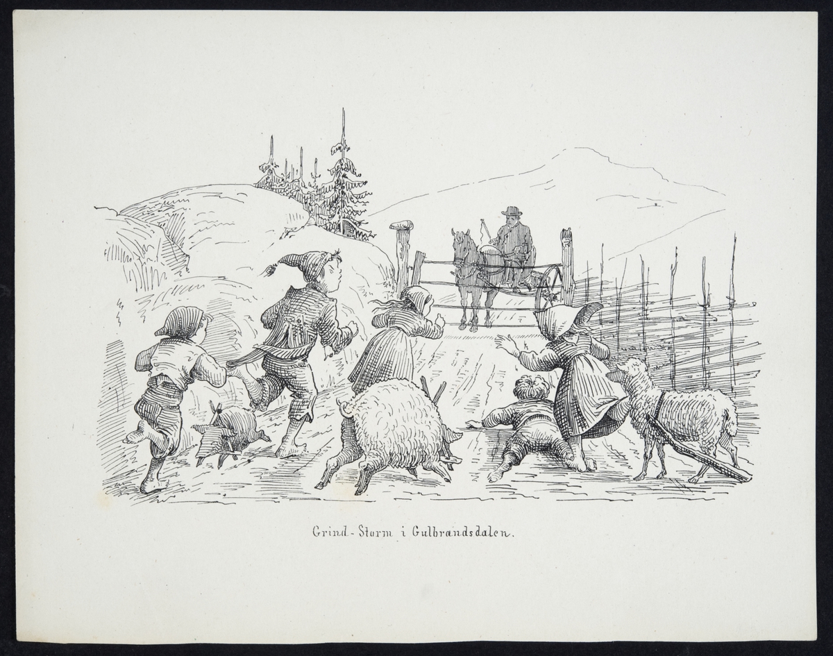 Turist i hestekjøretøy ved stengt grind, barn (og dyr) i forgrunnen ruser mot grinden.