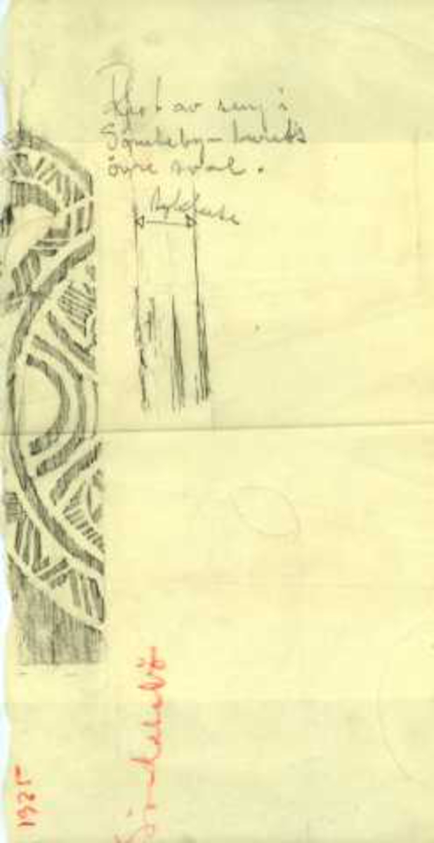 Erling Gjones tegning (1925) av detaljer av sengepost på øvre sval, Sønstebø, Nore og Uvdal, Buskerud.