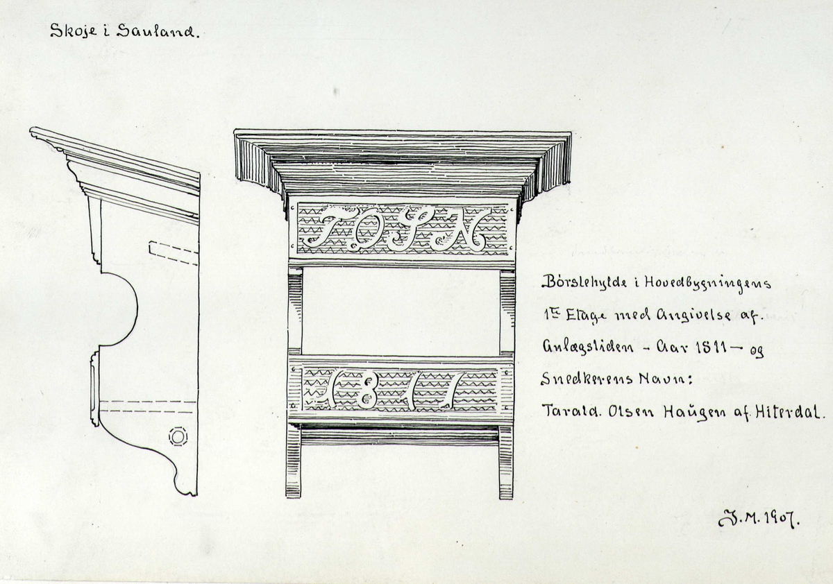 Johan J. Meyers tegning (1907) av langbord og hyller fra Skoje samt sofa fra Løvdal hotell, begge Hjartdal, Telemark.
