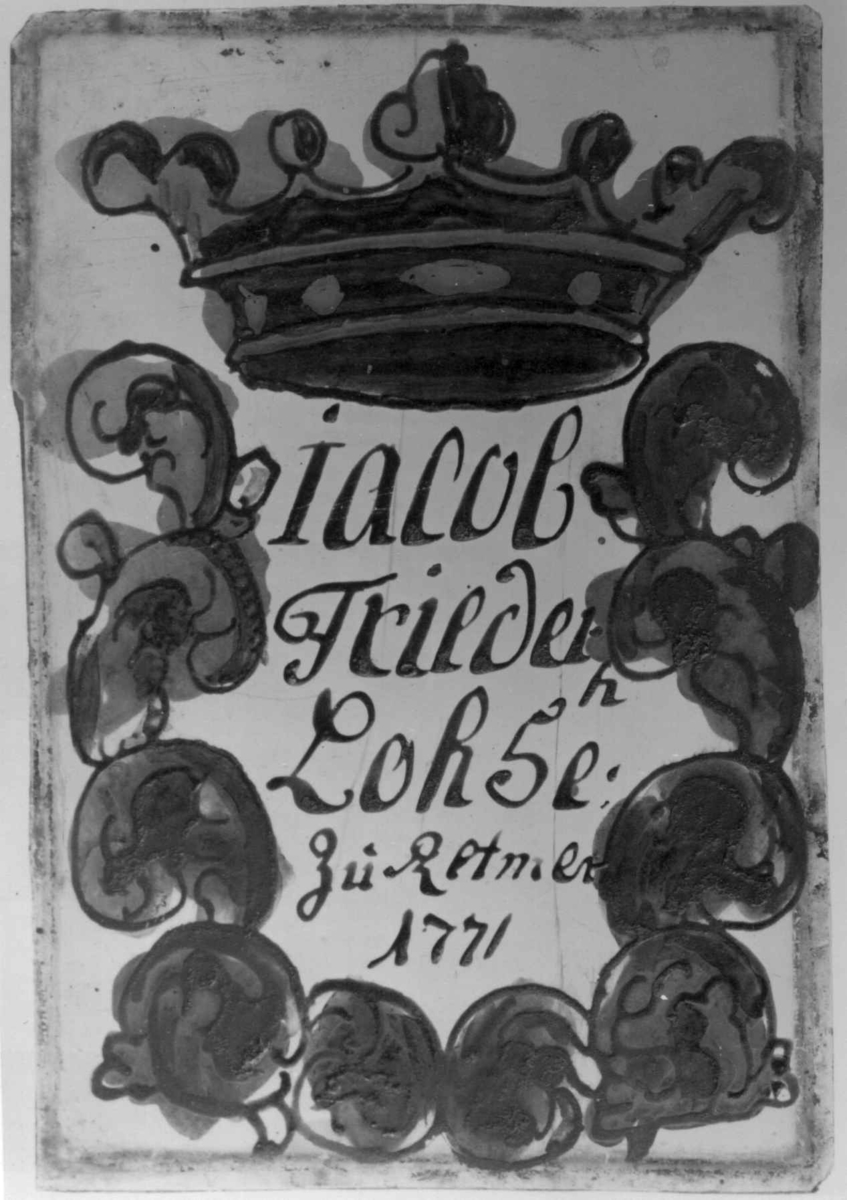Malt glassrute: iacol Friederh Loh5e Zu Retmer 1771 m. krone