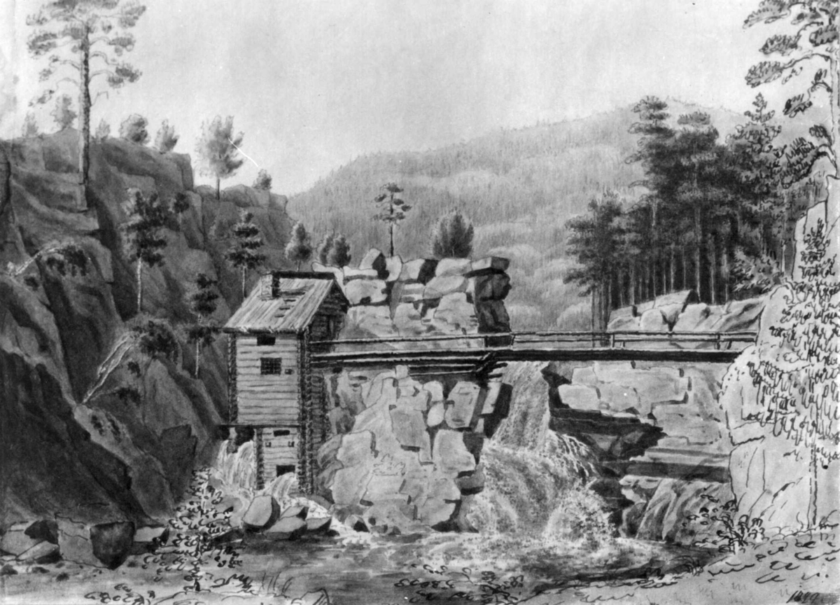 Tekning av Rukarmølla ved Rjukanfossen, tegnet av presten Wolff. Bø i Telemark.