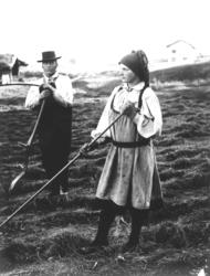 Mann og kvinne i folkedrakt med ljå og rive på jorde ved Øvr