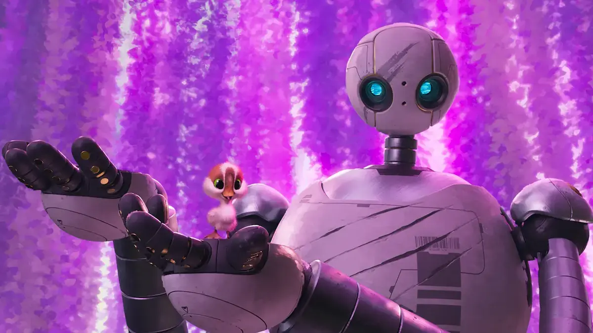 En tecknad robot håller i en ankunge