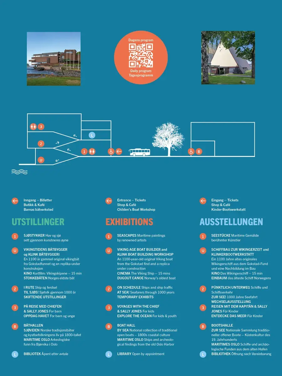 Brochure page showing a museum map, exhibition overview, and text in Norwegian, English, and German.